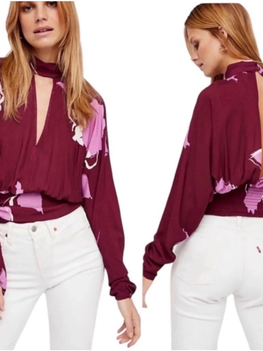 Free People Women’s Say You Love Me Plum Floral Tie-Front Top Small
